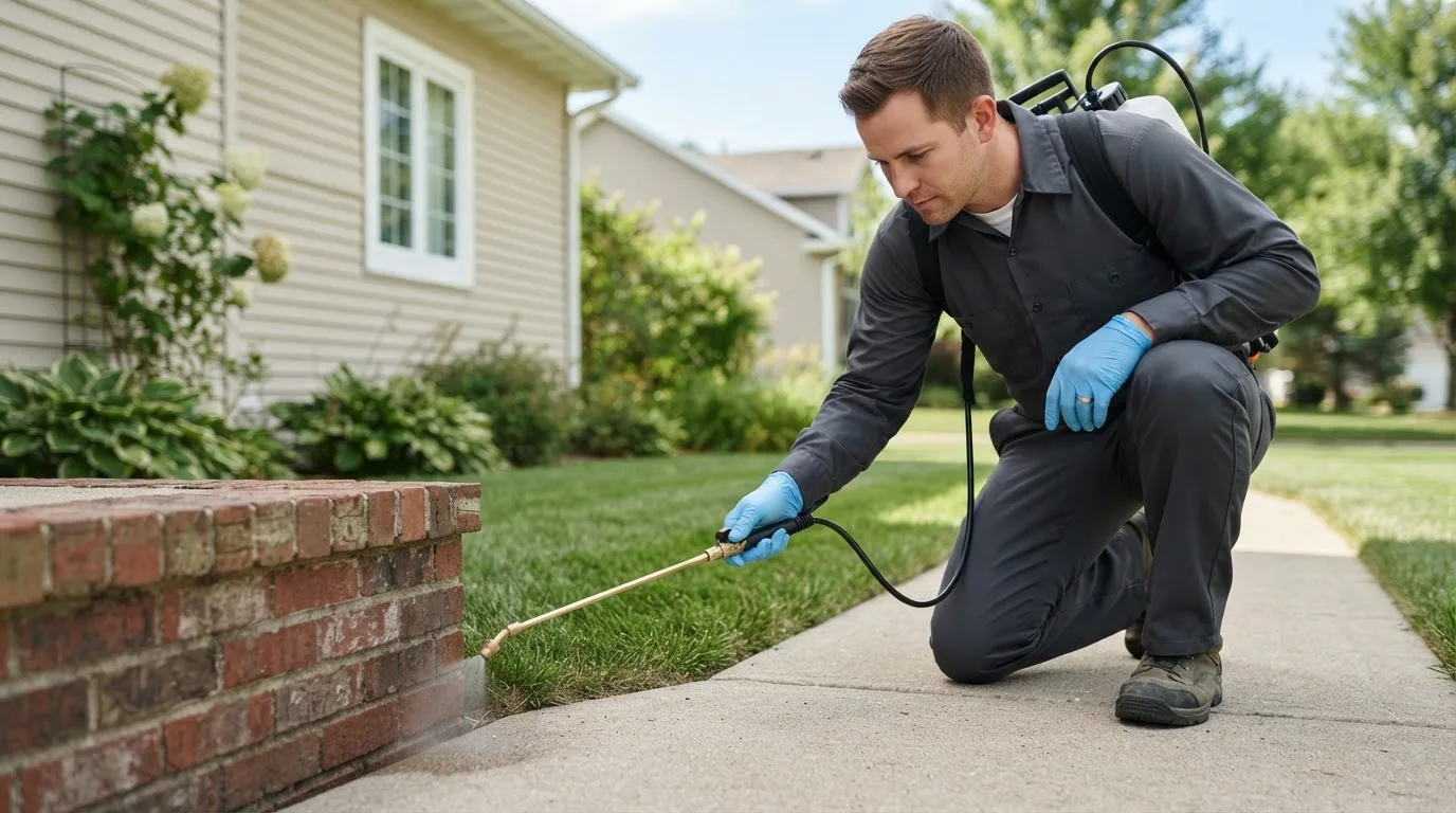 Pest control technician treating a home near Caney, KS